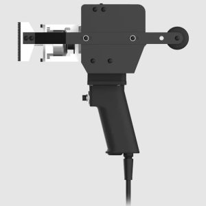 Vista lateral de la marcadora eléctrica portátil Telesis PINSTAMP TMP4500E mostrando su diseño ergonómico y empuñadura tipo pistola