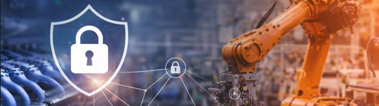 Brazo robótico industrial conectado a red segura con iconos de candado representando la ciberseguridad en la industria 4.0