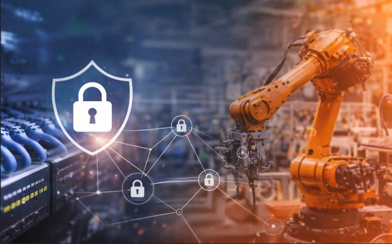 Brazo robótico industrial conectado a red segura con iconos de candado representando la ciberseguridad en la industria 4.0